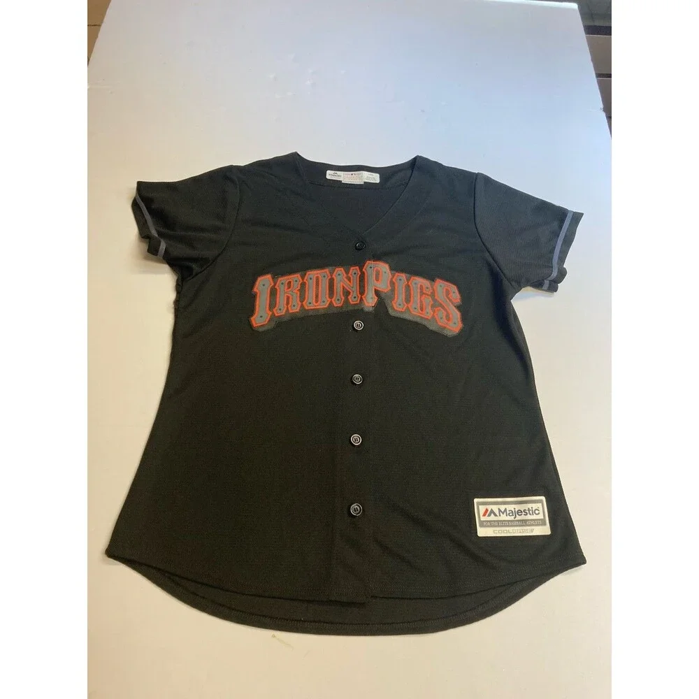 Majestic Cool Base IronPigs Button-Front Baseball Jersey Black/Gray/Orange L